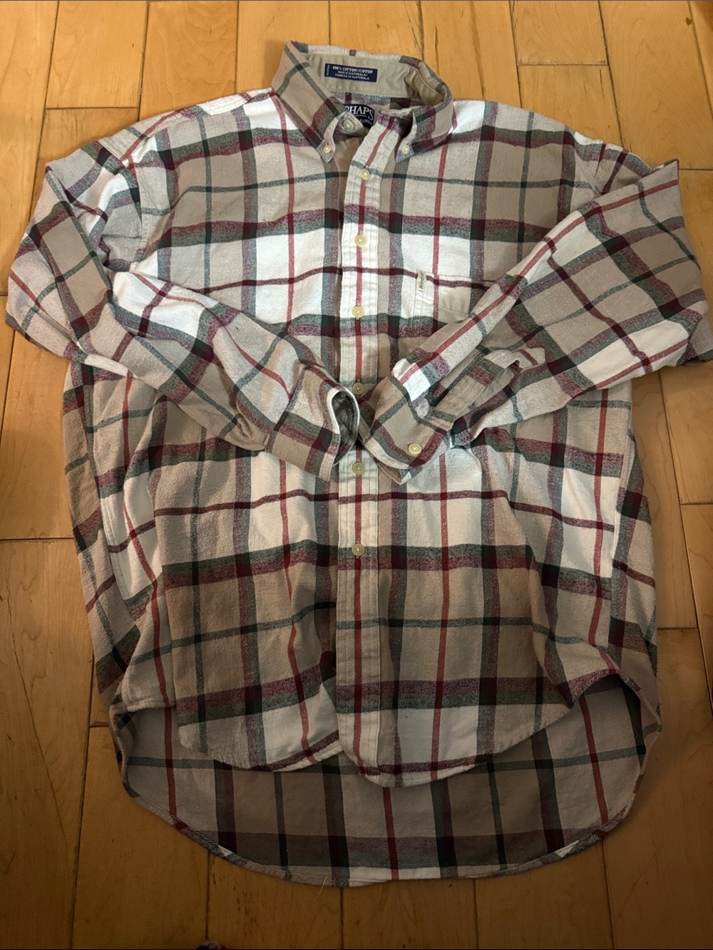 Chaps Plaid Button-Down Shirt in Beige with Red and Green Stripes